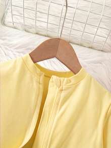 SHEIN 女童素色拉鍊休閒日常長袖外套 - 黃色 - 查看 3
