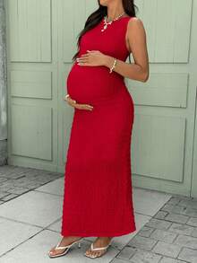 SHEIN 孕婦純色紋理圓領無袖修身優雅洋裝 - 紅色 - 查看 3