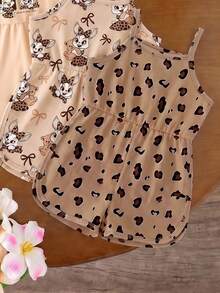 1pc Random, Baby Girl Summer New Soft Fabric Leopard Print Rabbit Pattern Printed Cami Round Neck Casual Romper, Casual Style Cute Style - Multicolor - View 4