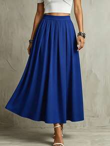 Franclia A-Line Pleated Casual Versatile Solid Color Everyday Women Skirt - Medium Wash - View 1