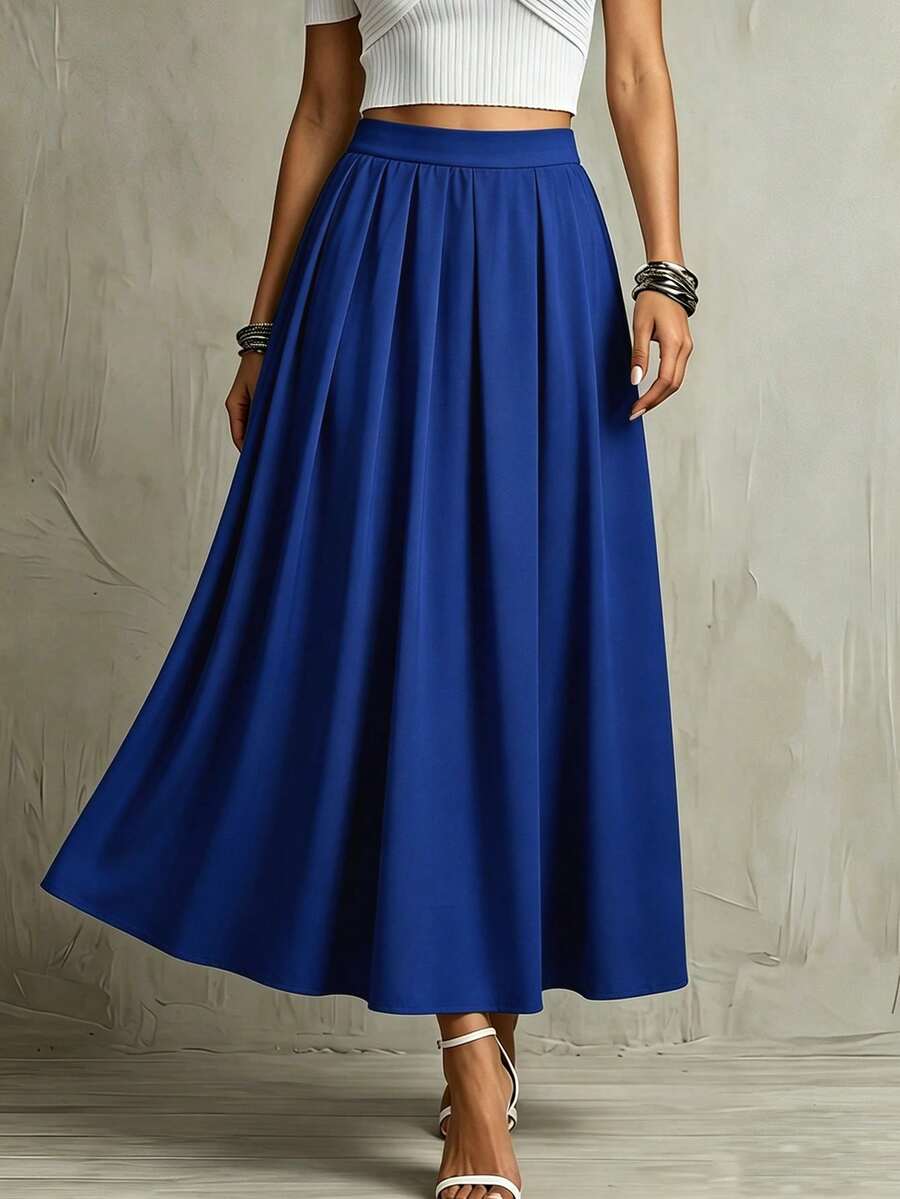 Franclia A-Line Pleated Casual Versatile Solid Color Everyday Women Skirt - Medium Wash - View 1
