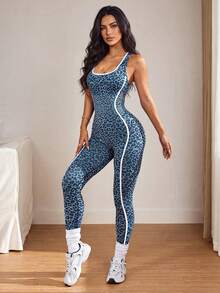 Slayform Slayform 1pc + One-Piece Long Pants + Hollow Back Design + White Contrast Collar Design/Blue Leopard Print + Fitness/Yoga + Fitness/Seamless - Multicolor - View 5
