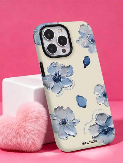 ShellaStory Oil Painting Blue Flower Print Pattern Phone Case, Double Thick Anti-Fall Protective Case, Compatible With Iphone 11, 12, 13, 14, 15, 16, 17 Pro Max, A16, A17, A15, A14, A55, A56, A35, A36, S22, 23, S24, S25