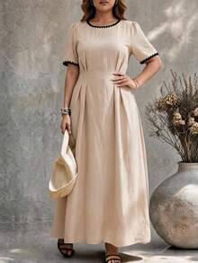 Ceyna Plus Size Women French Casual Elegant Cinched Waist Round Neck Short Sleeve Dress - Apricot - View 5