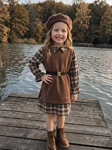 Emery Rose Kids 女童小女孩針織素色拼接格紋襯衫領花瓣袖休閒秋季洋裝 - 咖啡 - 查看 4
