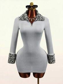 Mistrie Women's Grey Leopard Print Plush Patchwork Ribbed Long Sleeve Short Dress Club Night Out Autumn Sexy - Grey - View 4