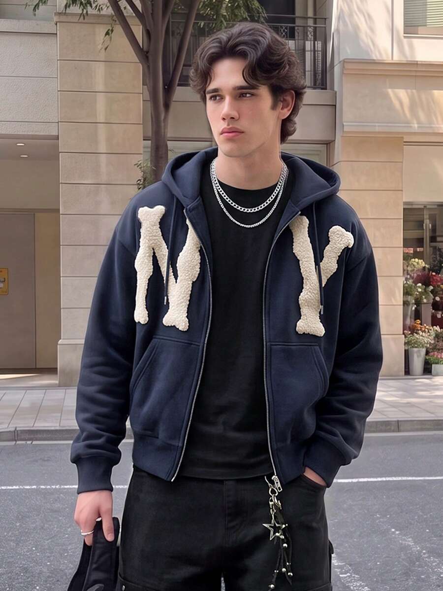 Resyla Men Autumn/Winter Men's Zip-Up Hoodie With Fuzzy Letter Appliques - Navy Blue - View 1