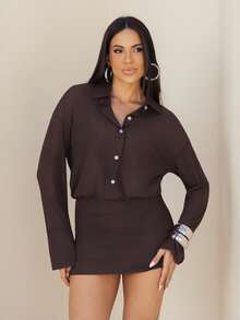 Maju Mazalli 2025 Women's Fashionable Solid Color Front Button Mini Dress Elegant - Coffee Brown - View 1