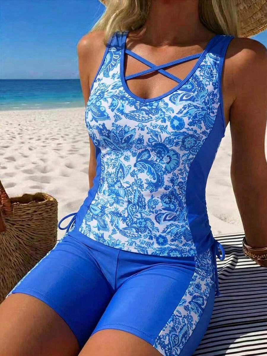 Swim Lushoire Women's Summer Blue Floral Print Casual Vacation Blue Paisley Print Two Pieces Swimsuit Set,Drawstring Two Pieces Tankini Swimsuit Set - Blue - View 1