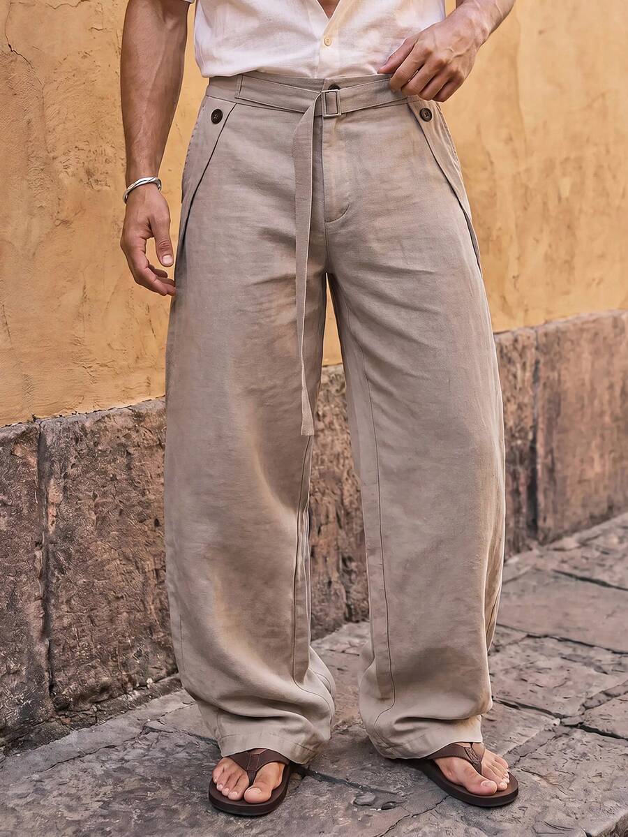 HIMLAND Men's Solid Color Pleated Casual Versatile Daily Travel Long Pants - smoke gray - View 1