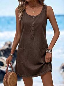 EMERY ROSE EMERY ROSE Women's Fashion Button Half-Placket Pocket Denim Dress - Brown - View 3