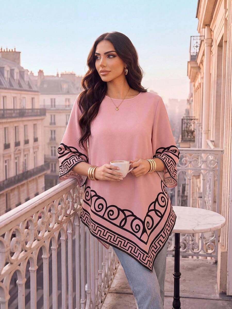 SHEIN Lady Women's Round Neck 3/4 Bell Sleeve Geometric Print Asymmetric Hem Loose Blouse - Multicolor - View 1