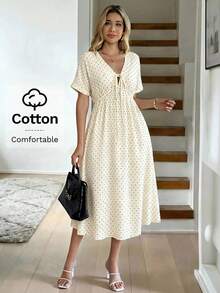 SHEIN LUNE 100%纯棉白色印花V领A字中长连衣裙，适合休闲度假、法式度假、波西米亚风、休闲通勤、复古风格、春夏穿着。 - 杏色 - 查看 6
