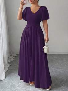 Elenzga Plus Size Women's V-Neck A-Line Chiffon Dress With Ruffle Sleeves, Elegant And Romantic - Purple - View 4