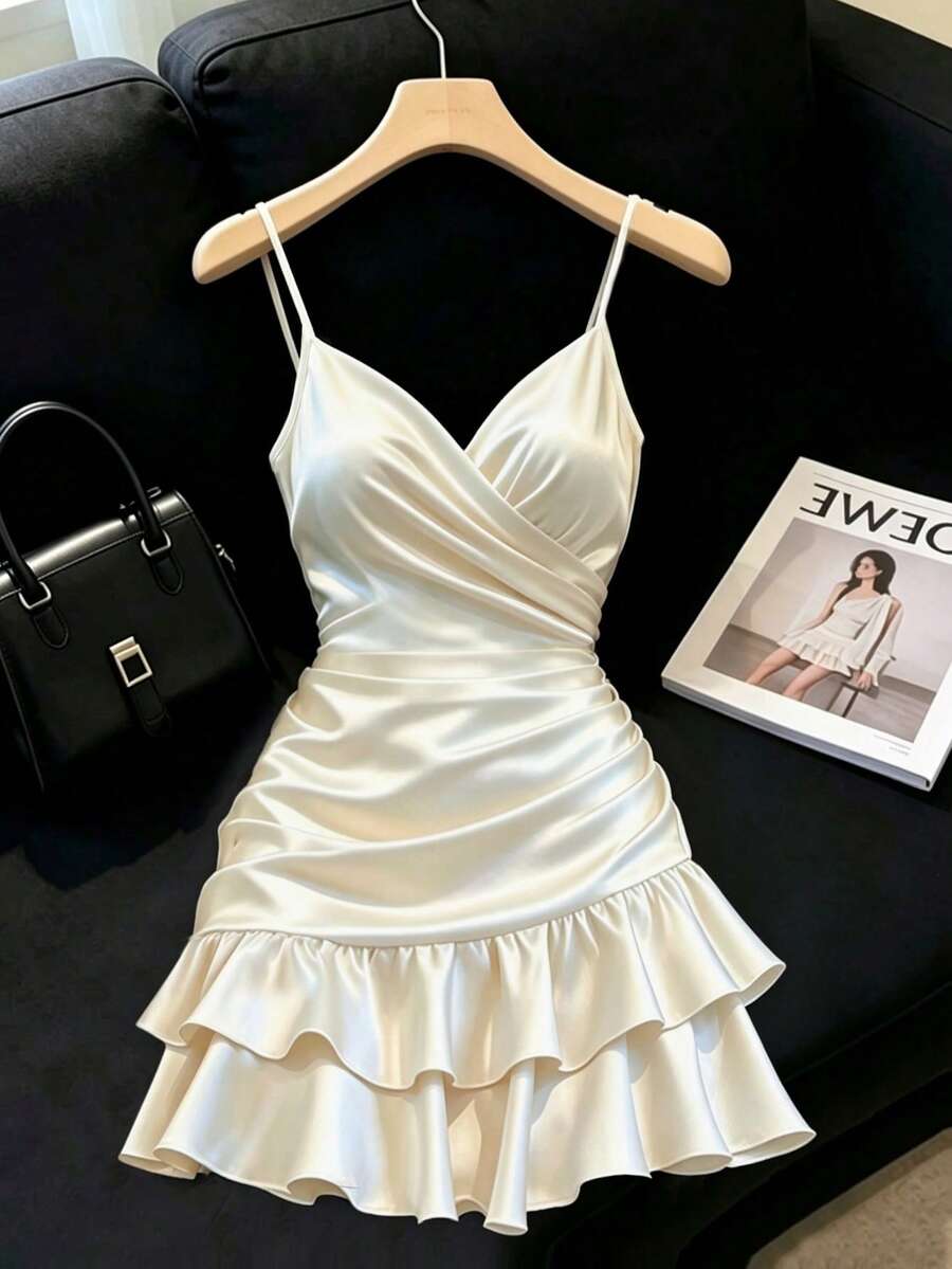 SHEIN Franclia 女款夏季優雅性感純色荷葉邊下擺細肩帶洋裝 派對夜店奶油色