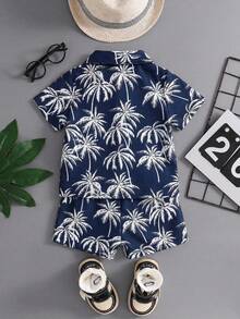 SHEIN Playful Pals 2件組 幼童男嬰海軍藍夏季休閒海灘度假熱帶植物圖案短袖襯衫與彈性腰頭短褲套裝 - 彩色 - 查看 2