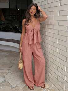 Siren Gaze Women's Solid Color Pleated Cami Top & Long Pants Casual Daily 2 Pieces Set - Dusty Pink - View 9