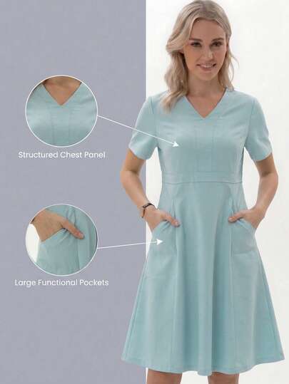 TaskEZ Vestido de enfermera de uniforme tipo scrub verde menta con cuello en V, manga corta, doble bolsillo, práctico, minimalista y fresco