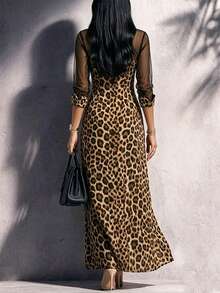 Trelyra Women's Casual Fashion Commute Elegant Patchwork Chiffon Leopard Print Dress - Brown - View 2