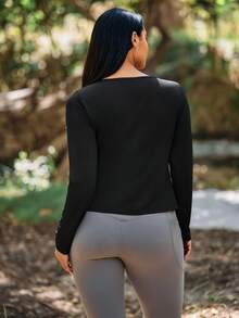 Voyena Women's Plus Size Solid Color Minimalist Long Sleeve Tie-Front Sports T-Shirt Fall - Black - View 2