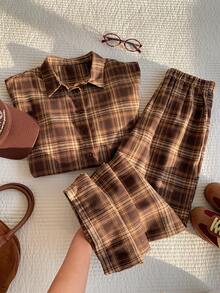 Comfortcana 女款格紋休閒單排扣襯衫與口袋長褲兩件套 - 棕色 - 查看 4