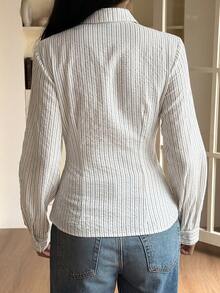 Livesso Women's White Cotton Long Sleeve Lace Ruffle Button-Up Slim Fit Cinched Waist Shirt - White - View 2