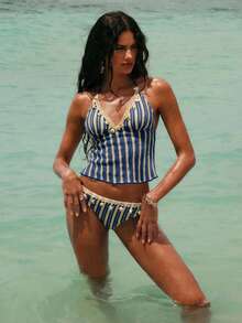 Swim Chiccia Women's Summer Beach Vacation Striped Shell Decor Halter Tankini Set - Navy Blue - View 6
