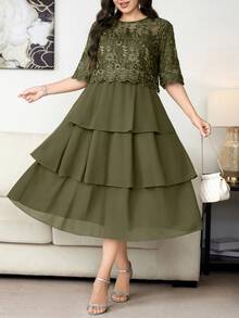 Reflora Vestido elegante de verano con patchwork de encaje para tallas grandes - Verde - Ver 3