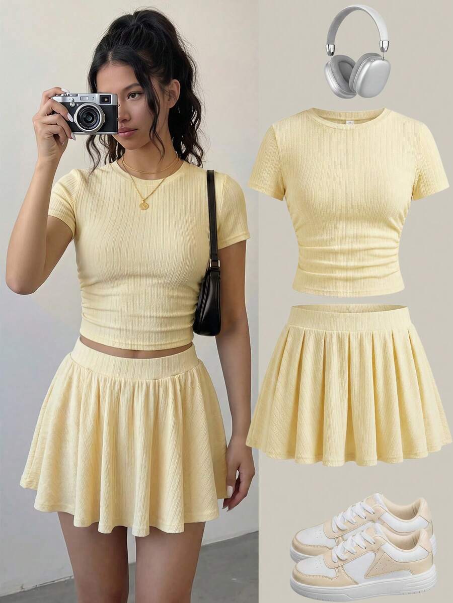 SHEIN Girlism 兒童青少年女孩夏季修身T恤與裙子兩件套,新款藍色純色短袖T恤與防走光裙套裝,女孩百搭日常通勤穿搭,適合日常通勤、優雅、派對、約會、家庭聚會、畢業、度假穿著 - 黃色 - 查看 1