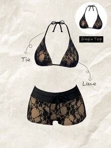 Elavelle Women's Solid Color Halter Bikini Top, Spring/Summer - Black - View 1