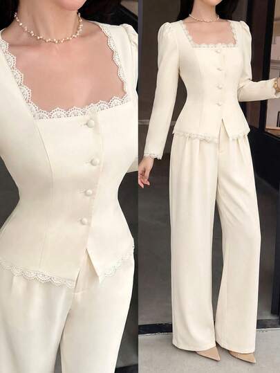 Feyla Women's Solid Color Contrast Lace Long Sleeve Single-Breasted Elegant Blouse And Pants 2-Piece Set