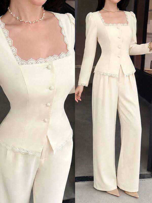 Feyla Women's Solid Color Contrast Lace Long Sleeve Single-Breasted Elegant Blouse And Pants 2-Piece Set