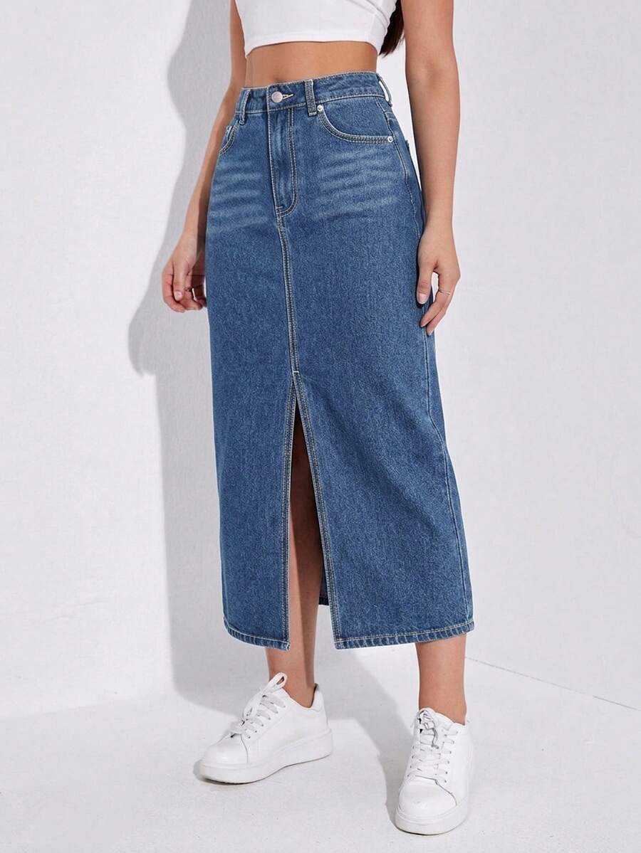 SHEIN Unity 女款時尚百搭鈕扣口袋前開衩牛仔中長裙 - 中等水洗藍 - 查看 1