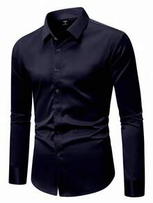 Manfinity Mode Men's Casual Versatile Solid Color Long Sleeve Shirt - Navy Blue - View 3