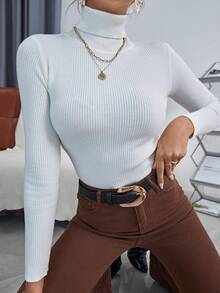 SHEIN LUNE Solid High Neck Rib Knit Jumper - White - View 6