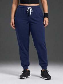 Powerista Women's Plus Size Summer And Spring Mid-Rise Navy Outdoor Jogger Pants With Drawstring Waist And Side Pockets Casual And Comfortable Outdoor Wear - Navy Blue - View 3