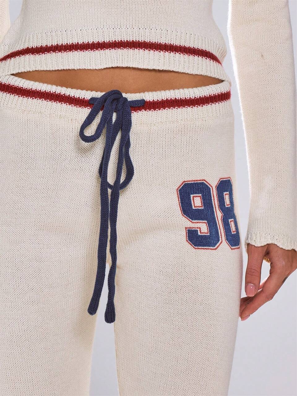 Cream Graphic Knitted Ribbed Elasticated Tie Waist Fitted Flare Coord Trouser