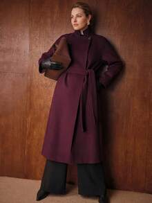 MOTF PREMIUM PLUS SIZE WOMEN'S WOOL BLEND MID-LENGTH OVERCOAT WITH BELT - Burgundy - View 1