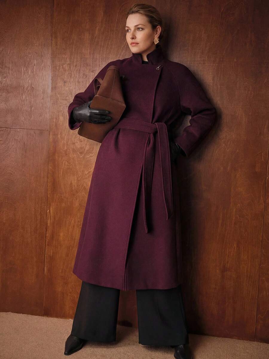 MOTF PREMIUM PLUS SIZE WOMEN'S WOOL BLEND MID-LENGTH OVERCOAT WITH BELT - Burgundy - View 1