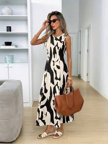 SHEIN LUNE 女款休閒無袖圓領洋裝，抽象圖案適合夏季日常穿著，收腰優雅長洋裝，適合夏季休閒出遊 - 彩色 - 查看 4