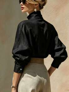 SHEIN Women's Solid Color Single-Breasted Casual Versatile Daily Wear Shirt - Black - View 2
