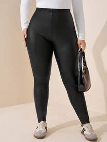Comfylo Plus Size Women's Solid Color Casual Versatile Daily Wear Tight Leggings - Black - View 4