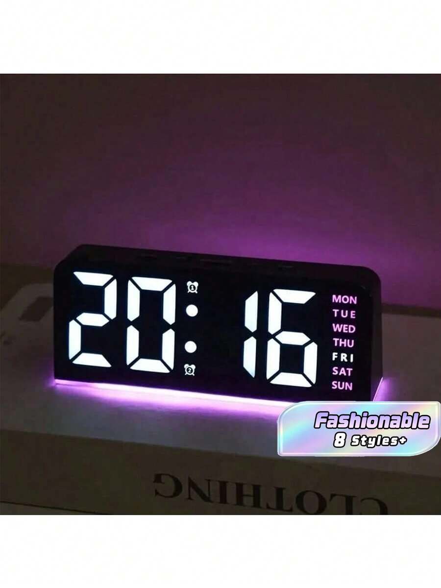 1個 LED 現代多功能數位鬧鐘,附氛圍燈、可調亮度、日期顯示、USB 供電、雙鬧鈴,時尚長方形設計,適合臥室鬧鐘(不含電池,僅電池記憶功能) - 多色 - 查看 1