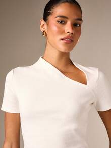 AiiRZ Asymmetric V-Neck Ribbed Knit Crop T-Shirt Fitted Short Sleeve Casual Summer Essential Top - White - View 5