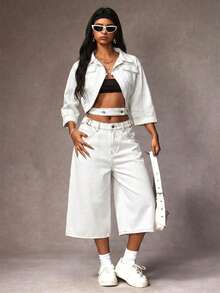 SHEIN ICON Plus Size Casual Versatile Wide Leg Jeans - White - View 2