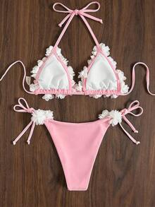 Swim Mod Vacation Beach 3D Floral Decor Two-Piece Swimsuit Set - Pink - View 2