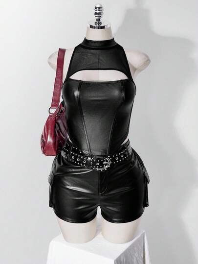 SHEIN ICON Women's Plus Size Mesh Patchwork Black Tank Top