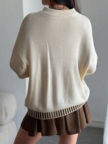 DAZY Women's Round Neck Dropped Shoulder Long Sleeve Patchwork Striped Loose Sweater - Apricot - View 2