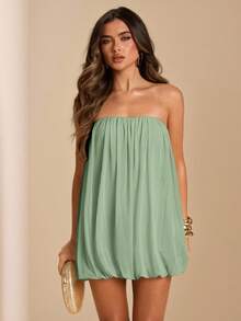 SHEIN BAE Spring/Summer Solid Apricot Strapless Mesh Puff Mini Dress, Elegant Sexy Ruched Mini Dress - Mint Green - View 6