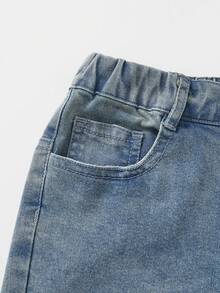 SHEIN Tween女孩復古水洗色牛仔褲，街頭風，破舊下擺喇叭褲腿，時尚新設計 - 中等水洗藍 - 查看 5